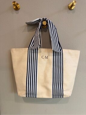 Mark & Graham Monogrammed Canvas Tote Navy Stripe Ribbon Handle Beach Travel B